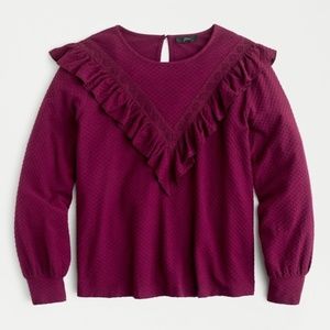 J. Crew Ruffle-trim honeycomb-knit cotton top in Vintage Burgundy